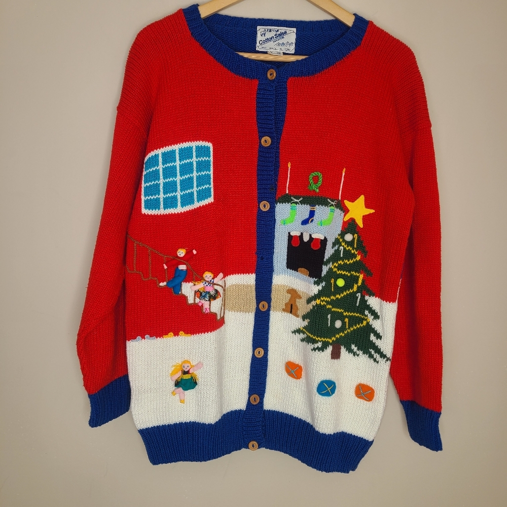 Vintage‎ Cotton Salsa Multicolored Christmas Morning Holiday 3D Cardigan Sweater